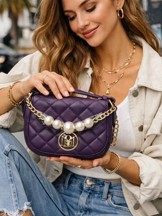 Badgley Mischka Handbags - Badgley Mischka Quilted Pearl Chain Mini Shoulder Bag Purple